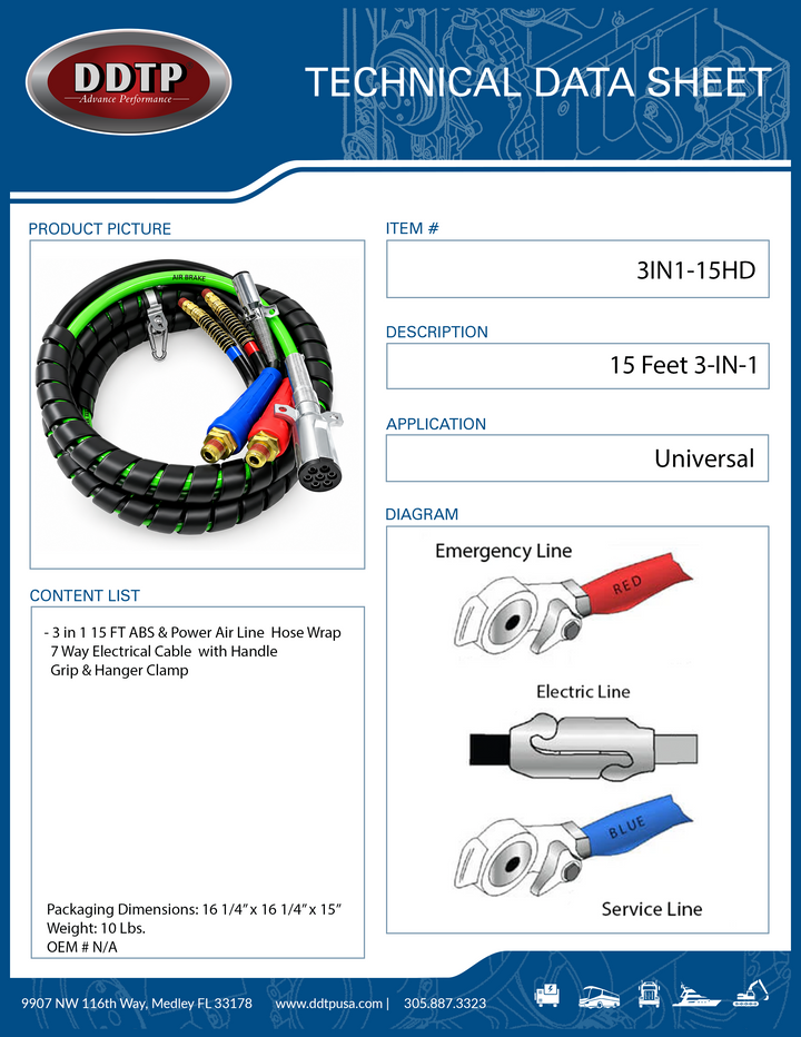 3-IN-1 15 FT ABS & Power Air Line Hose Wrap 7-Way Electrical Cable with Handle Grip & Hanger Clamp