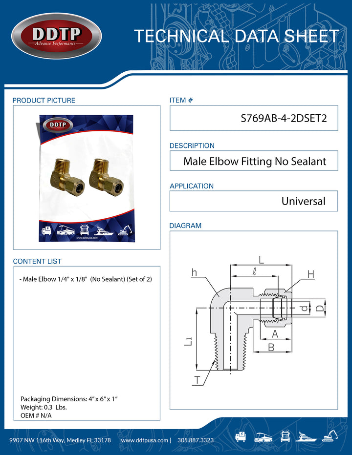 Codo macho de latón de 1/4" x 1/8" (sin sellador) (juego de 2)