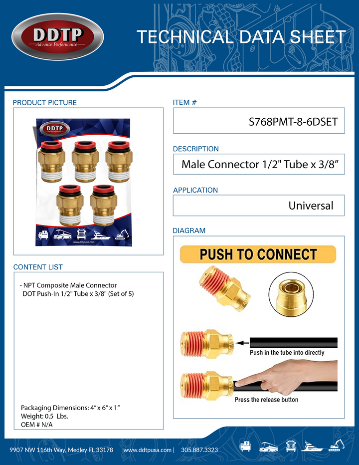 Conector macho compuesto NPT, DOT, de inserción rápida, tubo de 1/2" x 3/8" (juego de 5)