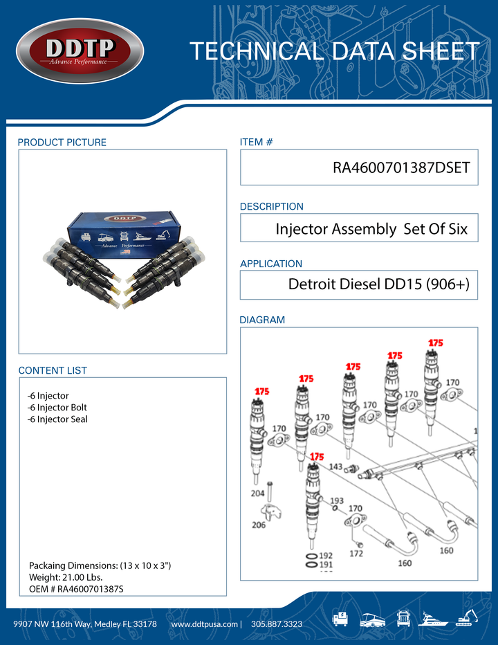 Remanufactured Injector ASM DD15 906+ Set of 6 (RA4600701387)
