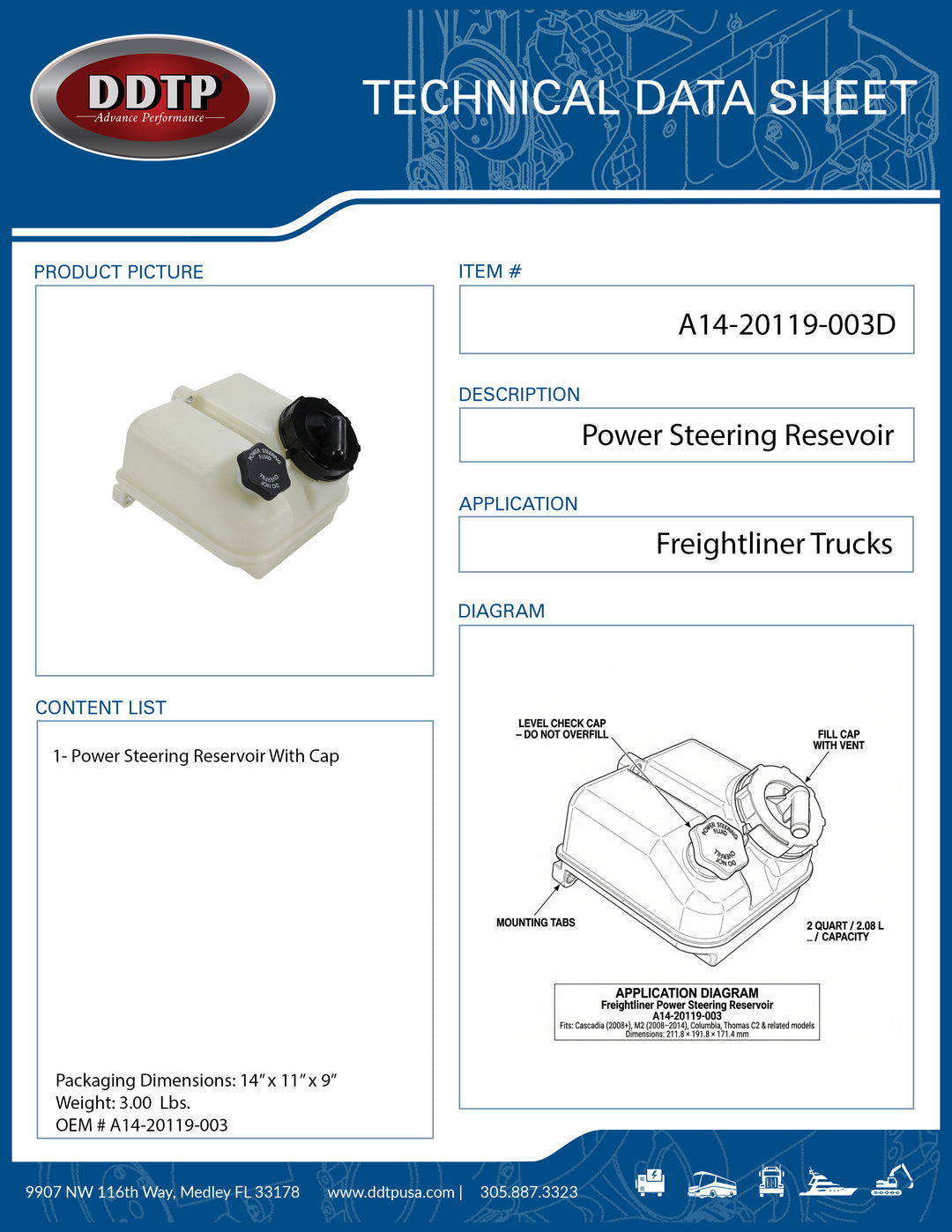 Power Steering Fluid Reservoir Tank with Cap (A14-20119-003)