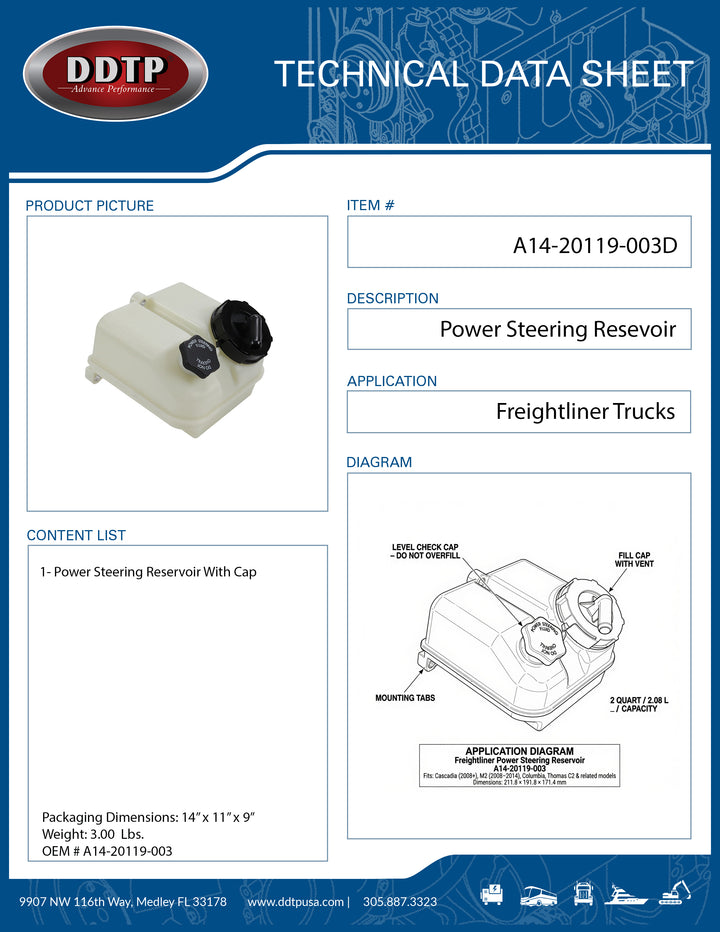 Power Steering Fluid Reservoir Tank with Cap (A14-20119-003)