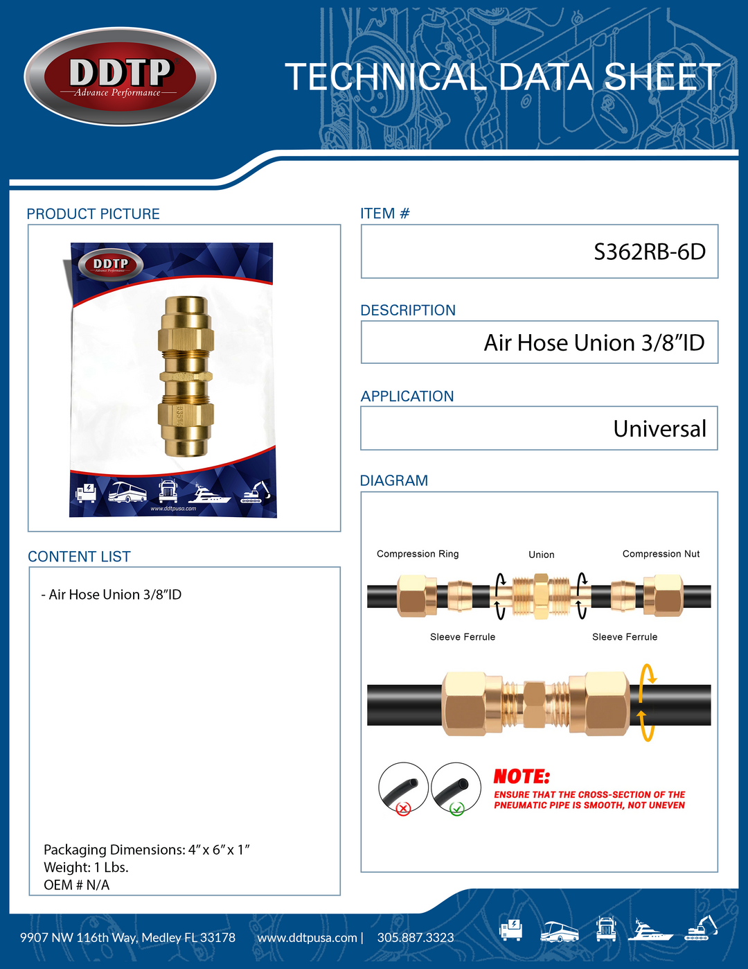 Air Brake Fitting Inch Hose Union 3/8" ID