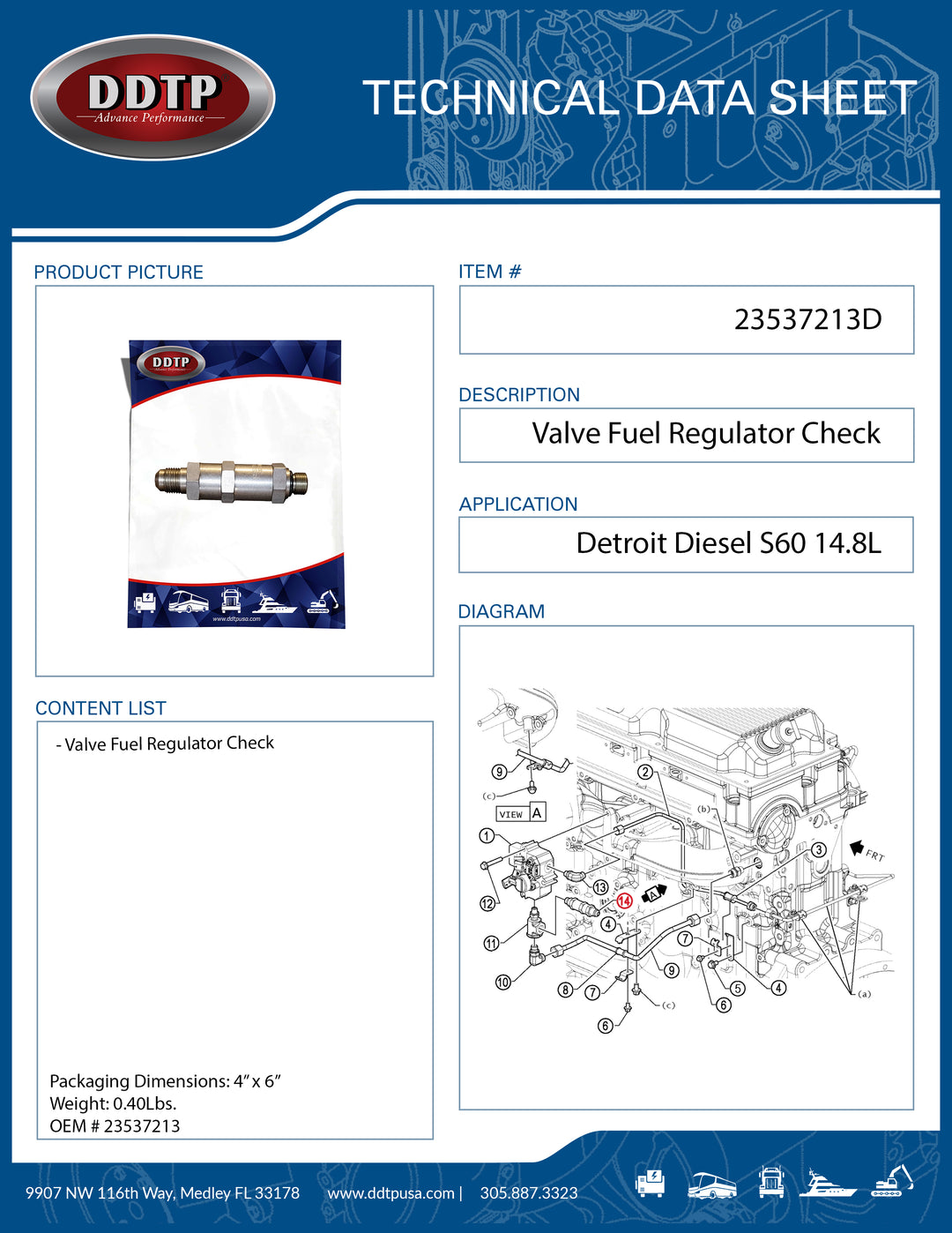 Valve Fuel Regulator Check Detroit Diesel S60 14.8L ( 23537213 )