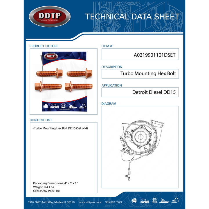 Set of 4 Turbo Mounting Hex Bolt Detroit Diesel DD15