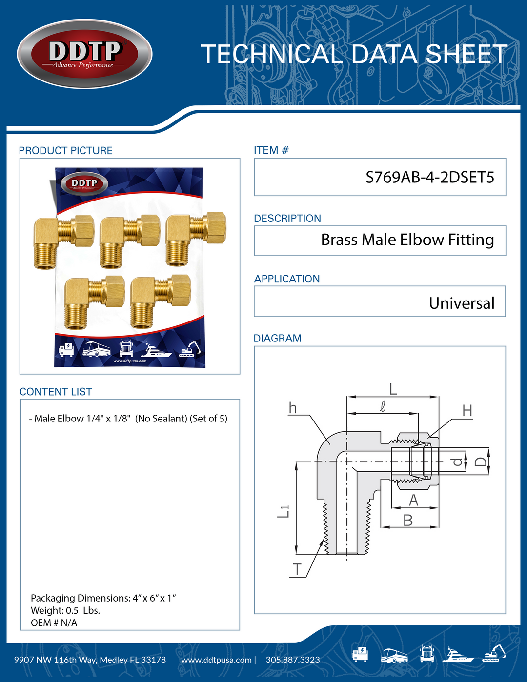 90° Brass Male Elbow Fitting 1/4" x 1/8"(No Sealant) (Set of 5)
