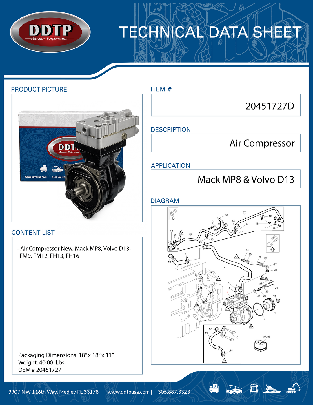 Air Compressor New, Mack MP8 & Volvo D13, FM9, FM12, FH13, FH16 Engines