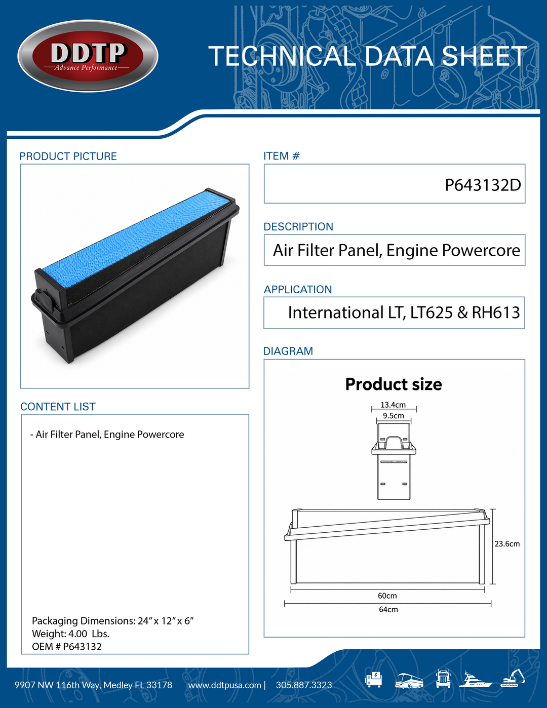 Air Filter Panel, Engine Powercore for International LT, LT625 & RH613