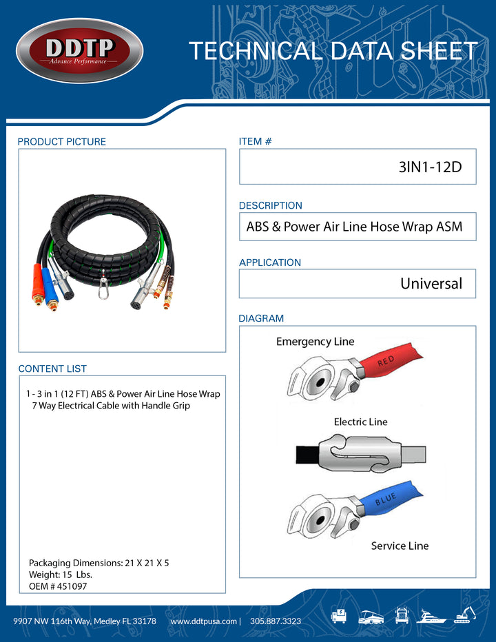 3 in 1 (12 FT) ABS & Power Air Line Hose Wrap 7 Way Electrical Cable with Handle Grip ( 451097 )