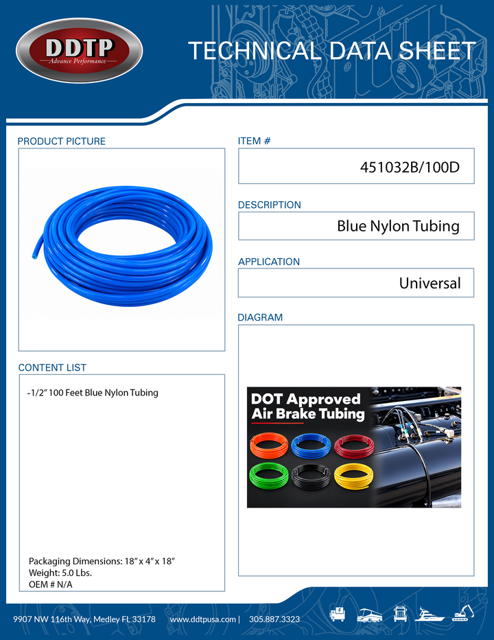Blue Nylon Tubing Air Brake 1/2" 100 FT