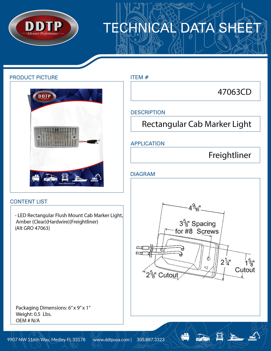 Clear LED Rectangular Flush Mount Cab Marker Light(Hardwire)(Freightliner)