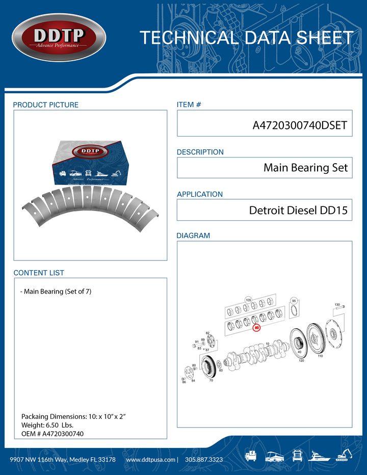 Main Bearing Detroit Diesel DD15 Set of 7 (A4720300740)