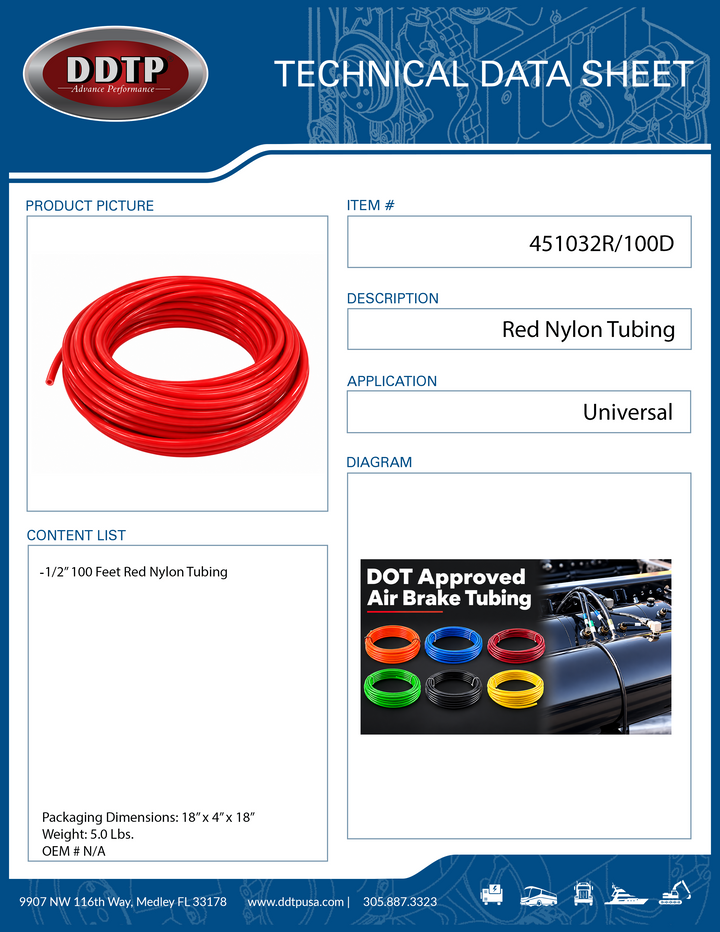 Red Nylon Tubing Air Brake 1/2" 100 FT