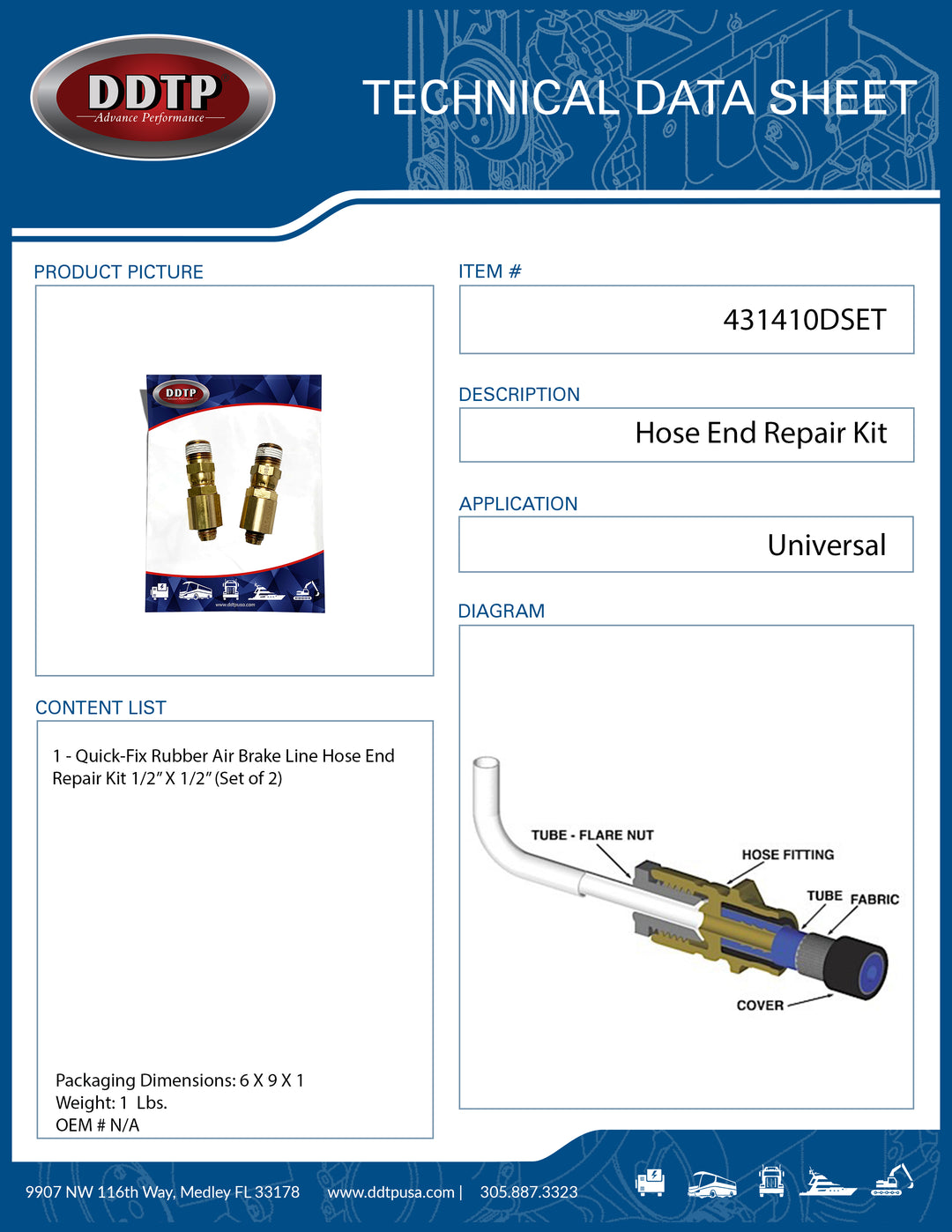 Quick-Fix Rubber Air Brake Line Hose End Repair Kit 1/2" X 1/2" Set of 2 ( 431410DSET )