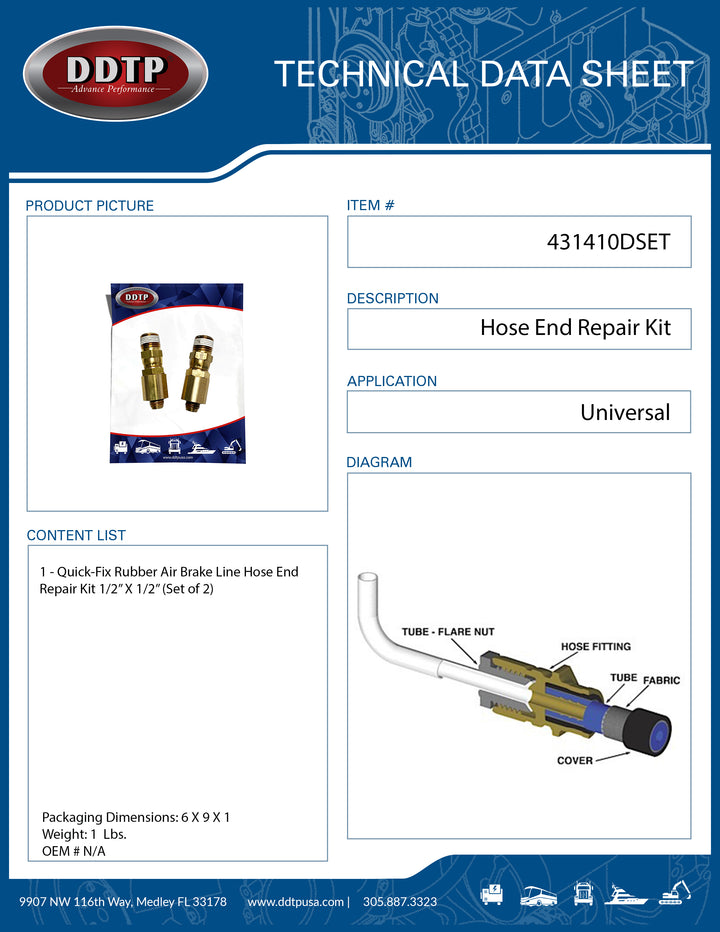 Quick-Fix Rubber Air Brake Line Hose End Repair Kit 1/2" X 1/2" Set of 2 ( 431410DSET )