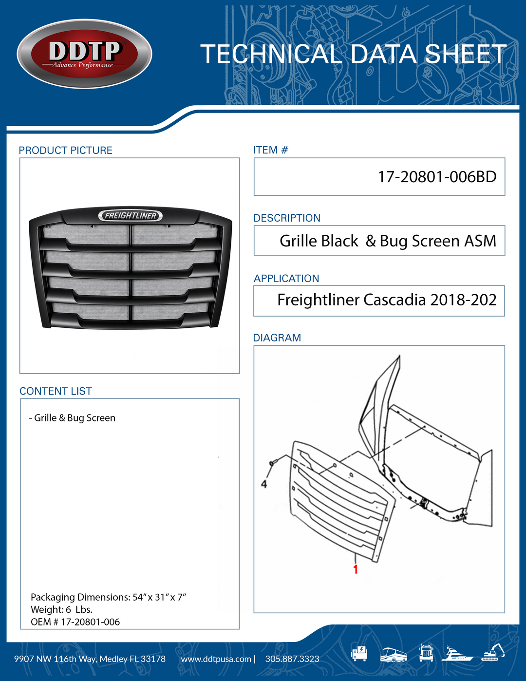 Rejilla protectora negra para capó, para Freightliner Cascadia 18-20 (17-20801-006)