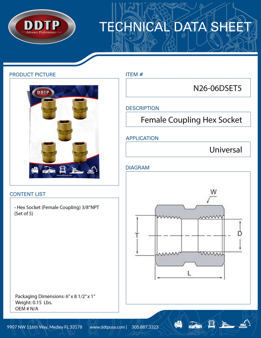 Hex Female Coupling 3/8" (Set of 5)