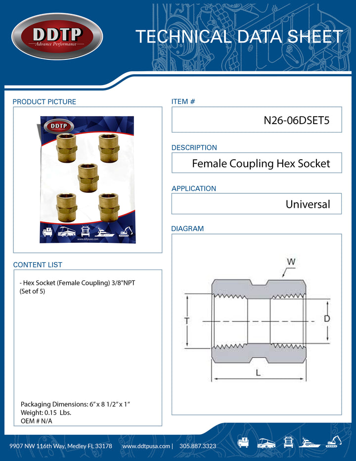 Hex Female Coupling 3/8" (Set of 5)