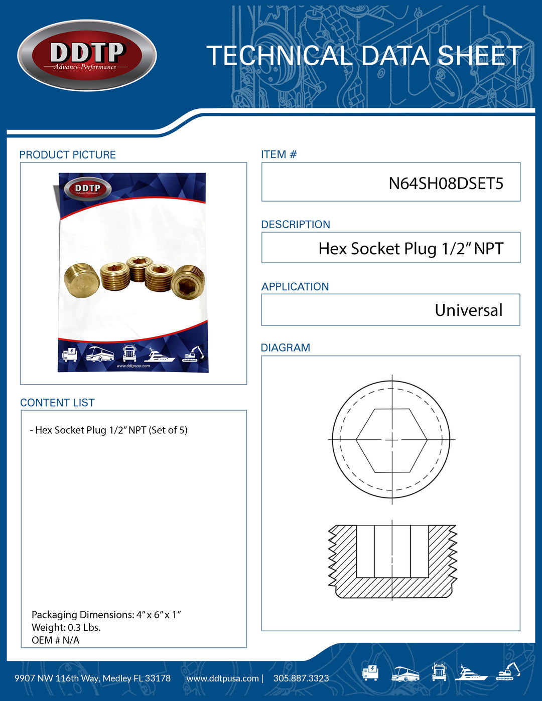 Hex Socket Plug 1/2"NPT (Set of 5)