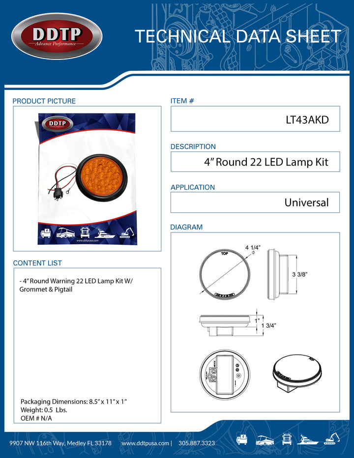 Kit de lámpara de advertencia redonda de 4" con ojal y cable flexible (22 LED)
