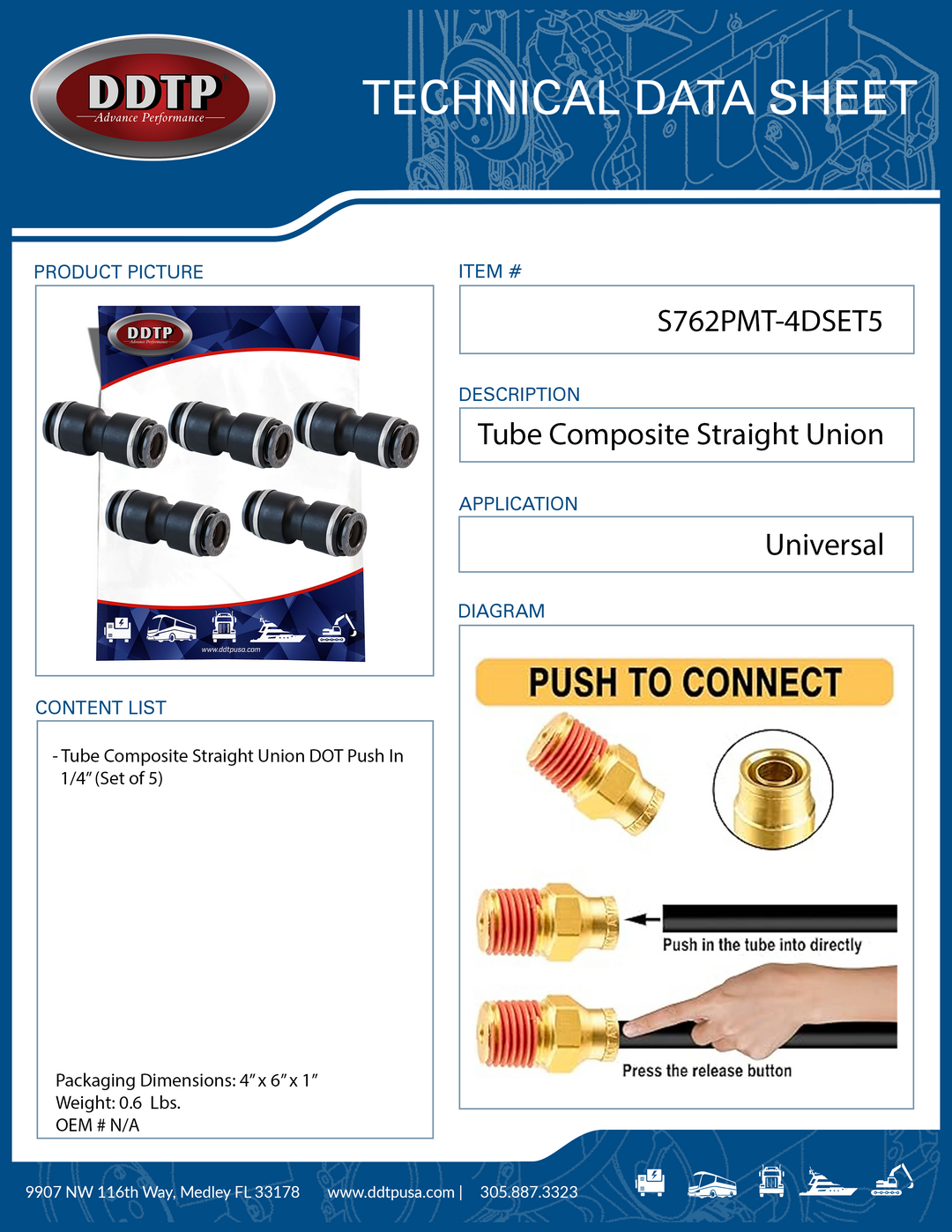 Composite Push-In Straight Union DOT Fitting 1/4" (Set of 5)