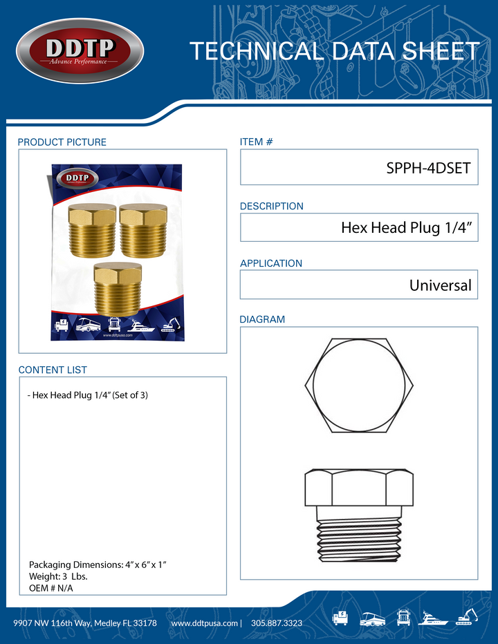 Brass Hex Head Plug 1/4"OD (Set of 3)