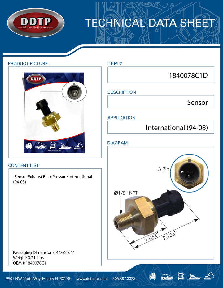 Sensor Exhaust Back Pressure International (94-08)(1840078C1)