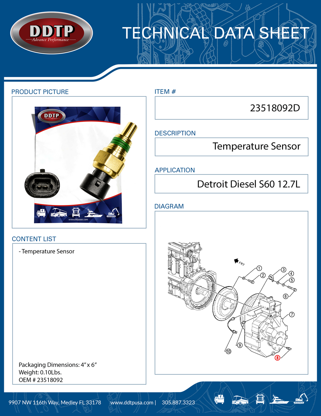 Engine Sensor Oil Coolant Temperature Temp Sender S60 12.7L (23518092)