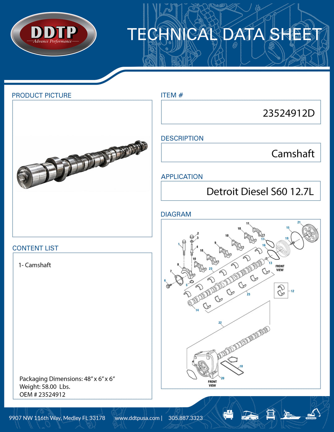 Camshaft S60 12.7L Non EGR (20mm Cam Bolt)(23524912)
