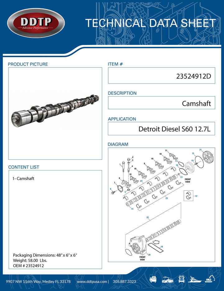 Camshaft S60 12.7L Non EGR (20mm Cam Bolt)(23524912)