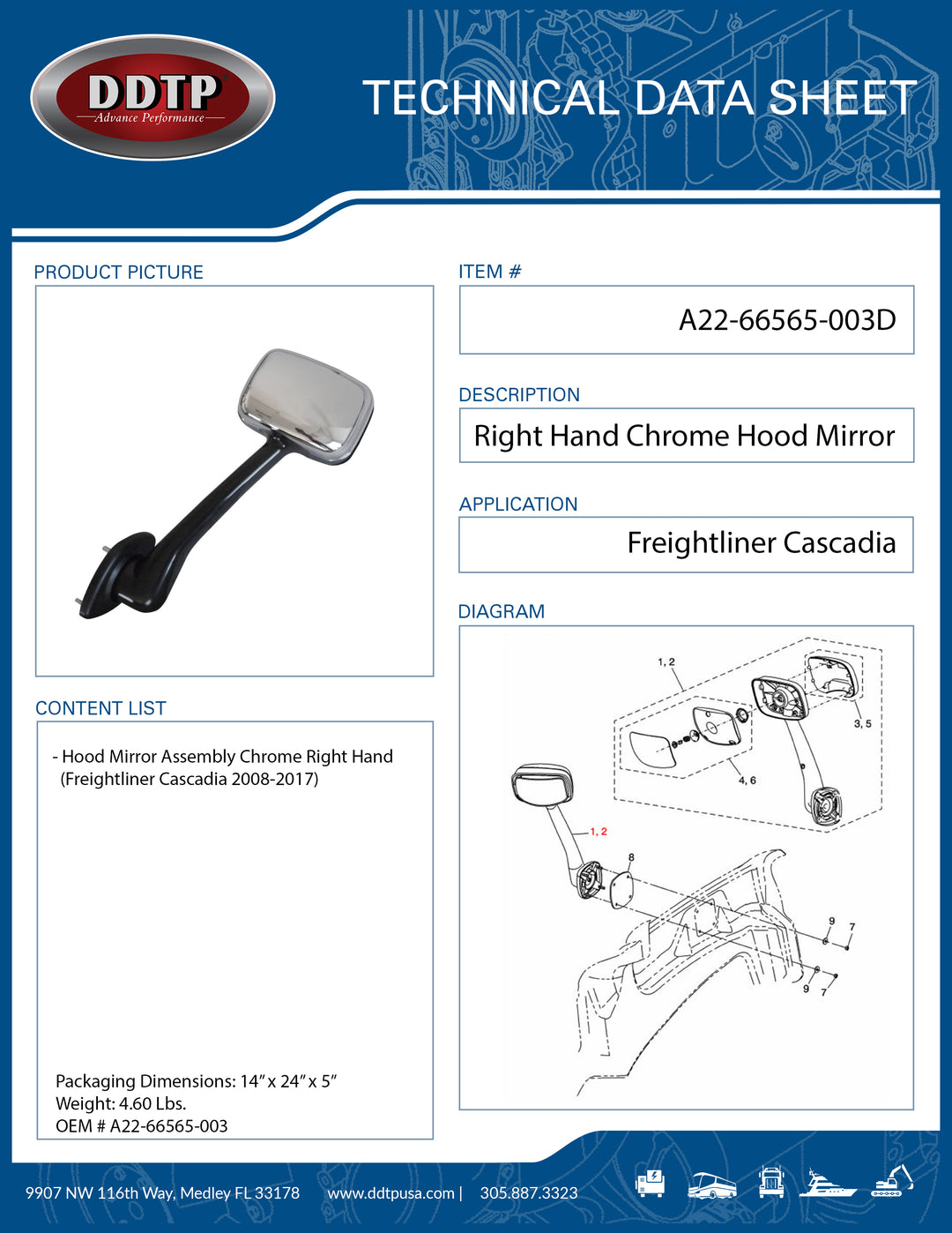 Hood Mirror ASM Chrome RH (Cascadia 08-17)