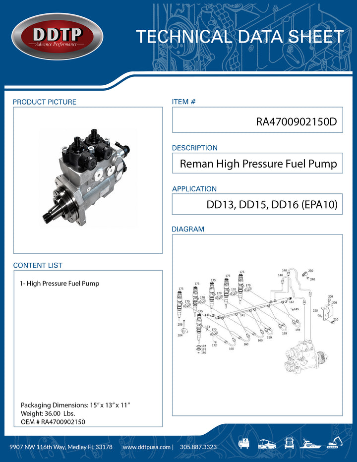 High Pressure Fuel Pump for DD13 DD15 DD16 EPA10 HDEP (RA4700902150)