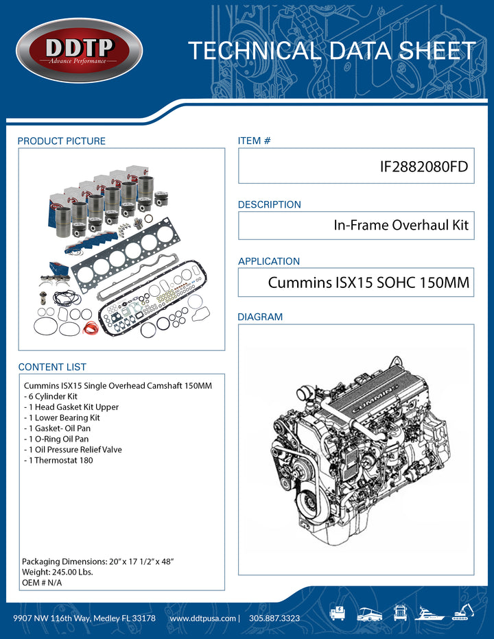 In-Frame Overhaul Kit Cummins ISX15 Single Overhead Camshaft 150MM Liner Fractured Rod Bearings (2010-2017)