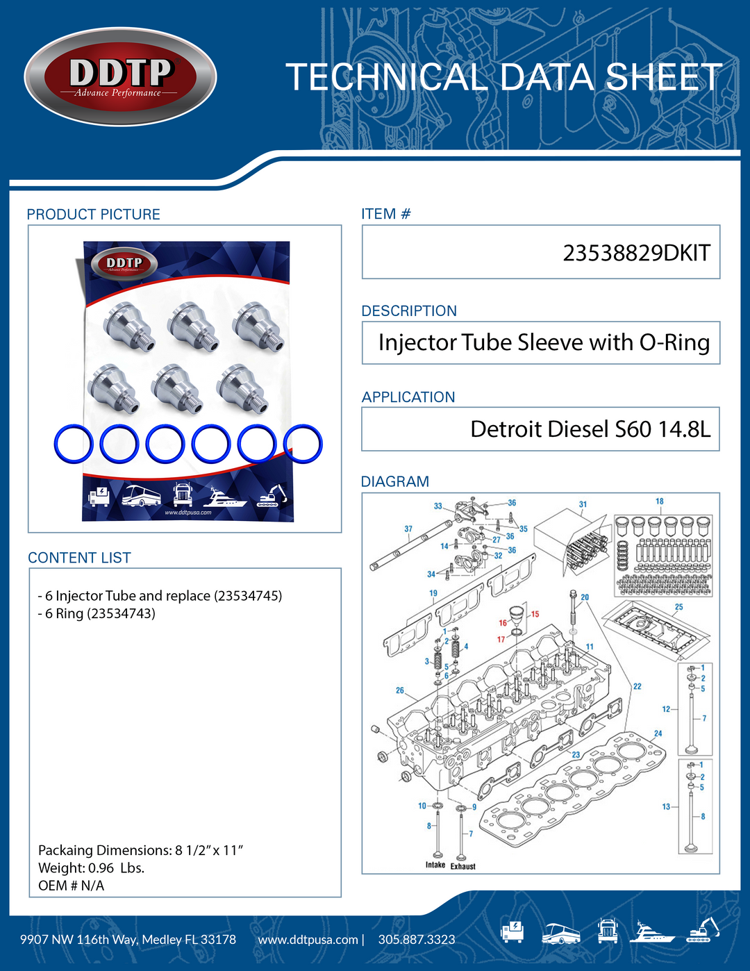 Injector Tube Sleeve (Steel) W/ O-Ring S60 14.8L Set of 6 (23538829)
