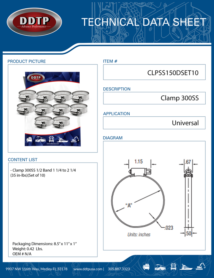 Clamp 300SS 1/2 Band 1 1/4 to 2 1/4 (35 in-lbs)(Set of 10)