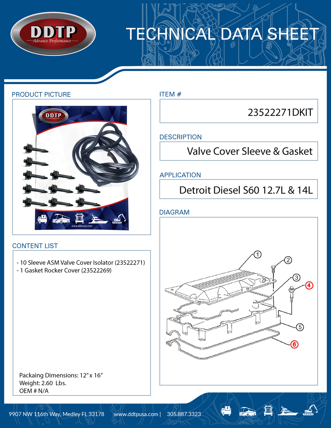 Valve Cover Sleeve Assembly & Gasket Kit S60 12.7L & 14L (23522271)