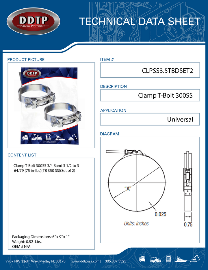 Clamp T-Bolt 300SS 3/4 Band 3 1/2 to 3 64/79 (75 in-lbs)(TB 350 SS)(Set of 2)