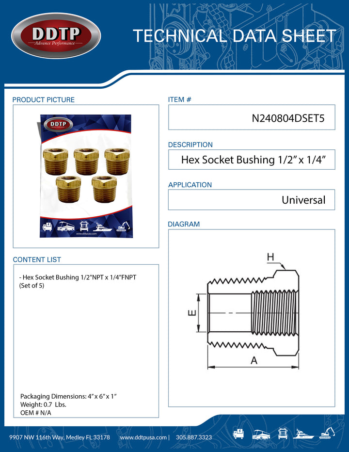 Hex Socket Bushing 1/2"NPT x 1/4"FNPT (Set of 5)