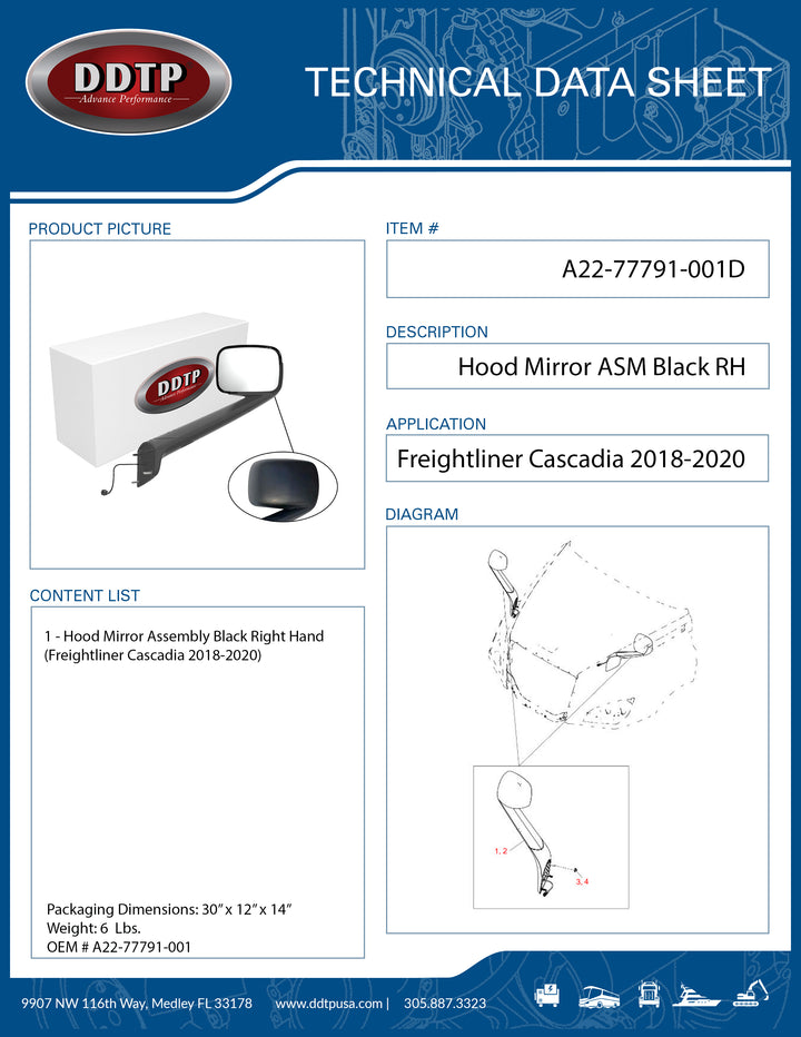 Black Hood Mirror Right Hand Freightliner Cascadia 2018-2020
