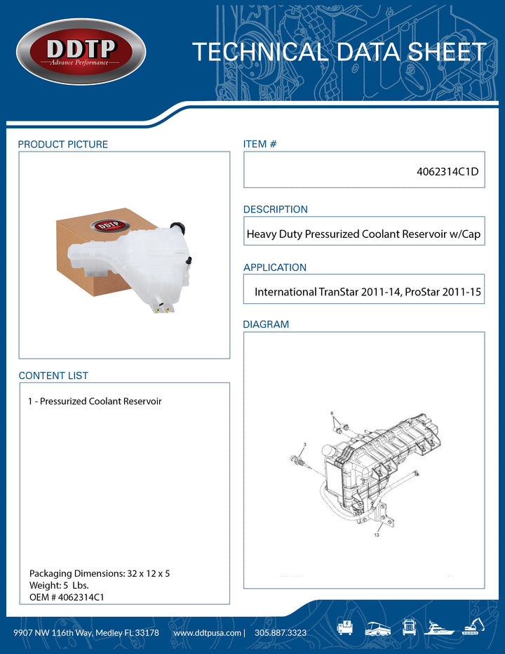 Heavy Duty Pressurized Coolant Reservoir with Cap International TranStar 2011-14, ProStar 2011-15 Alt 2604896C3D ( 4062314C1 )