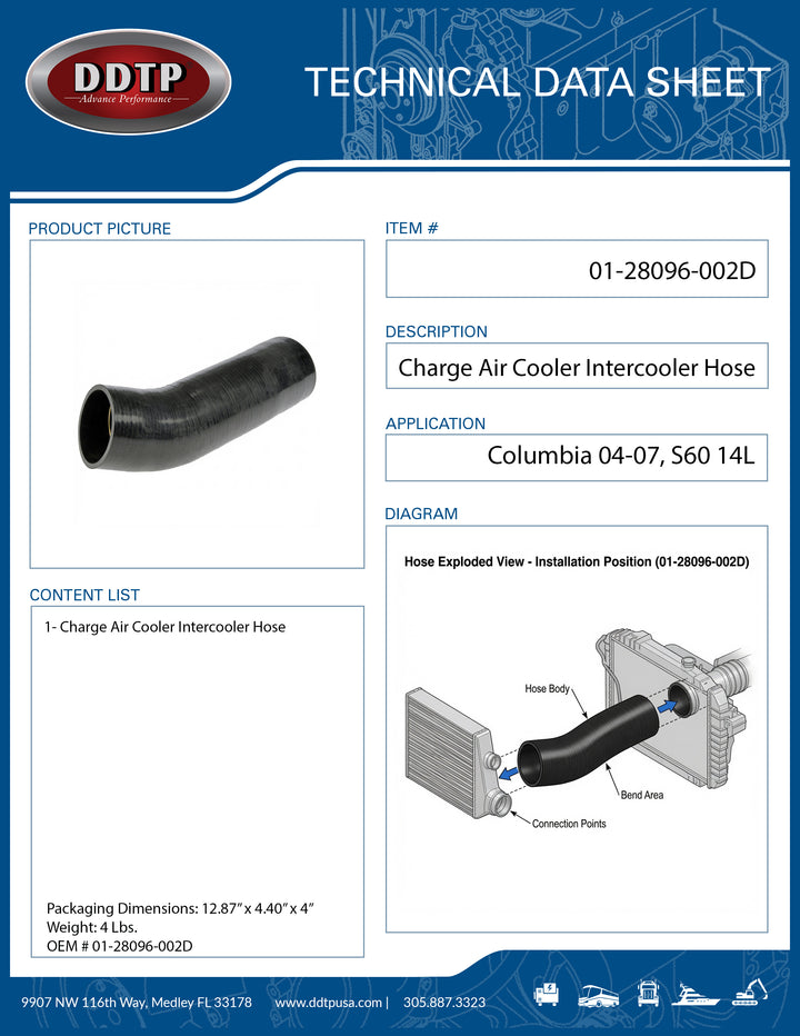 Charge Air Cooler Intercooler Hose for Columbia, 04-07 S60 14L (01-28096-002)