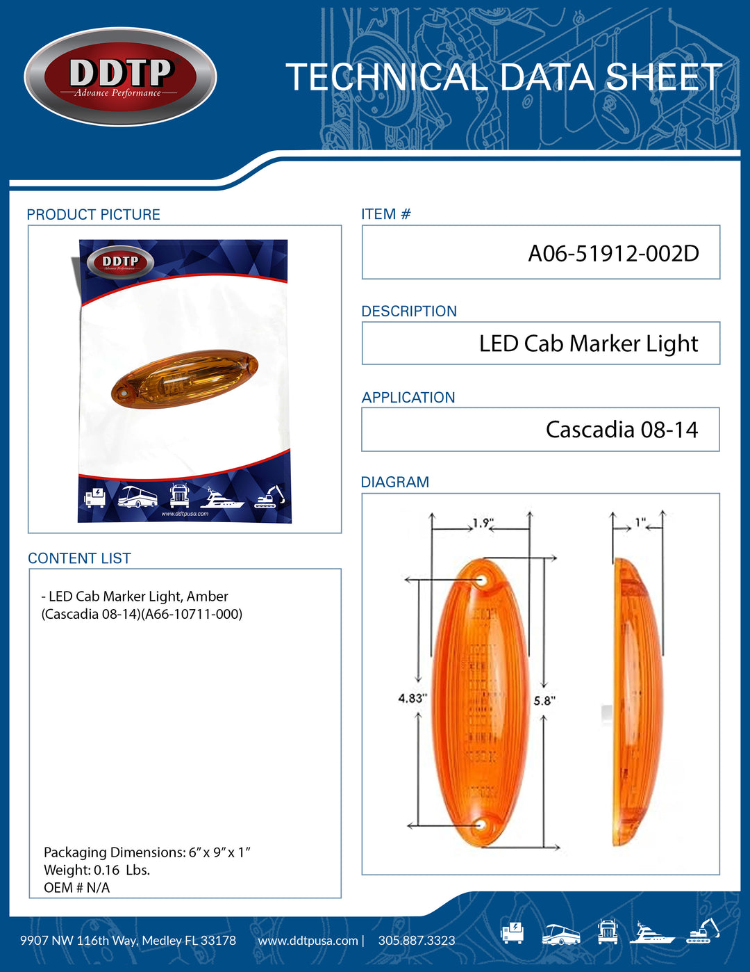 Amber LED Cab Marker Light (Cascadia 08-14)(A66-10711-000)
