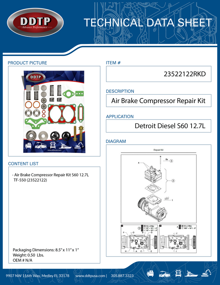 Air Brake Compressor Repair Kit Detroit Diesel S60 12.7L TF-550