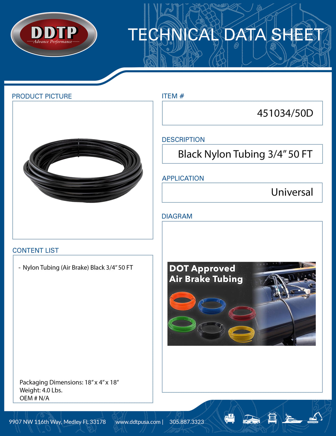 Black Nylon Tubing (Air Brake) 3/4" 50 FT