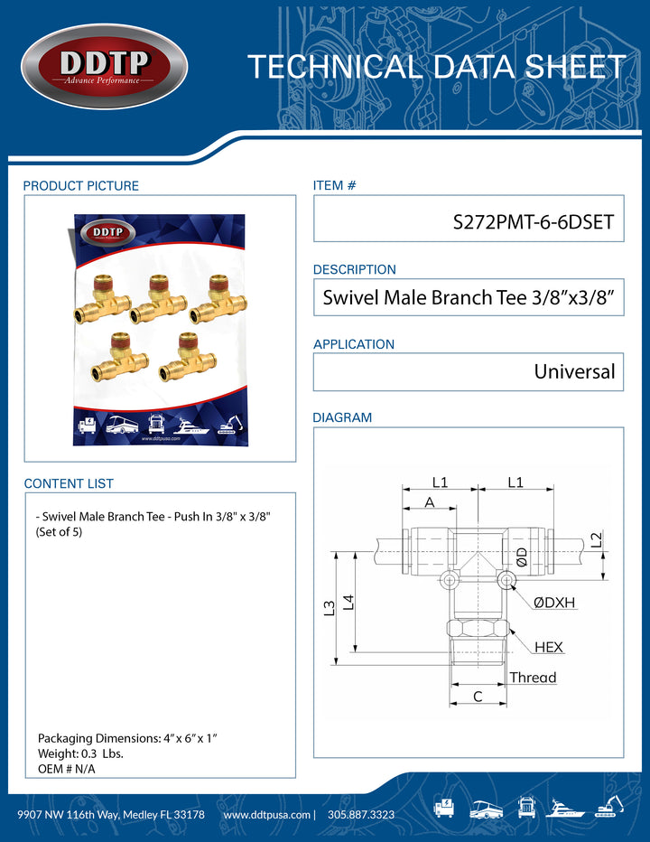 Brass Push-In Swivel Male Branch Tee 3/8" x 3/8" (Set of 5)
