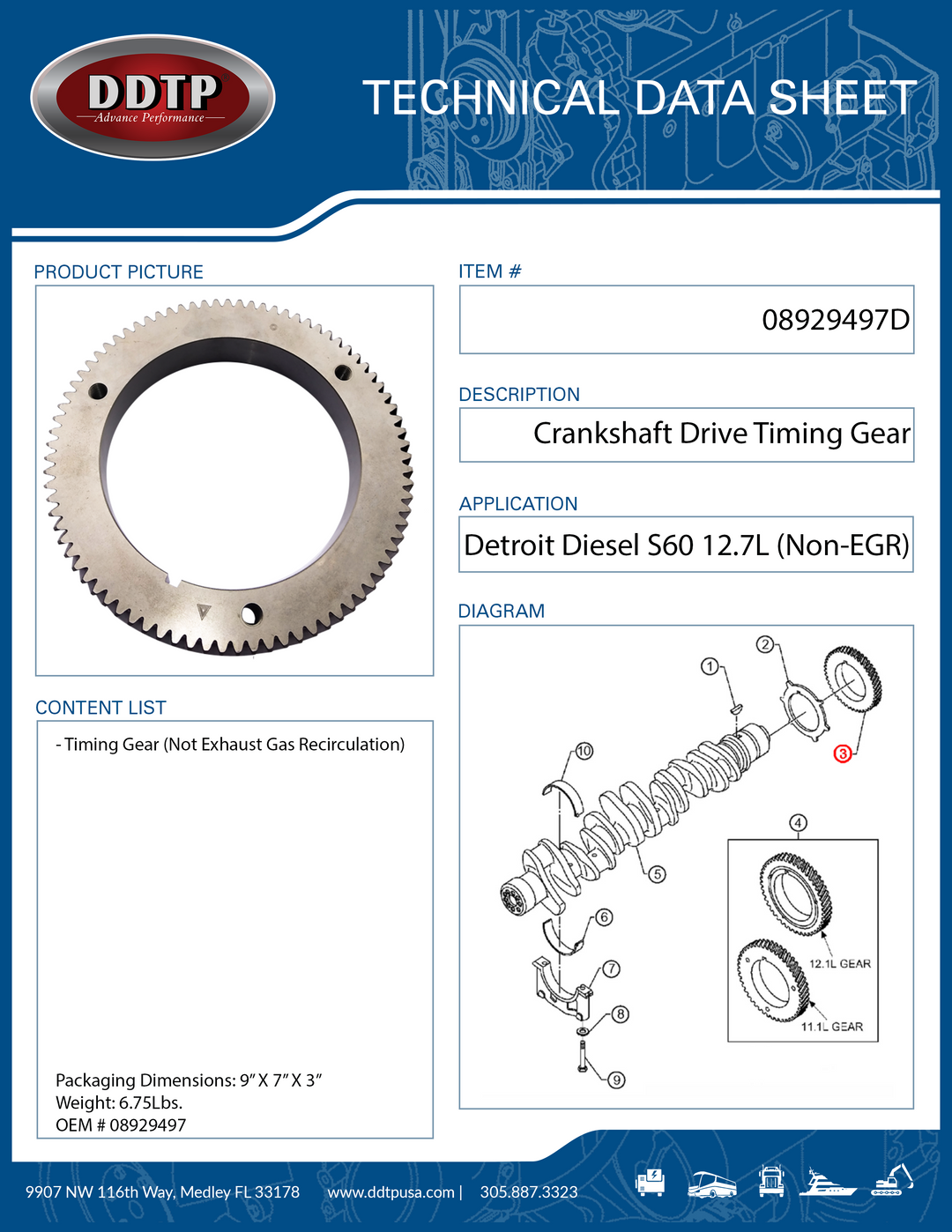 Engine Crankshaft Drive Timing Gear Detroit Diesel S60 12.7L Non-EGR (08929497)