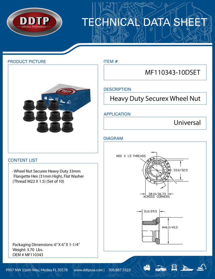 Heavy Duty Wheel Nut Securex 33mm Flangette Hex (31mm High), Flat Washer (Thread M22 X 1.5) (Set of 10)