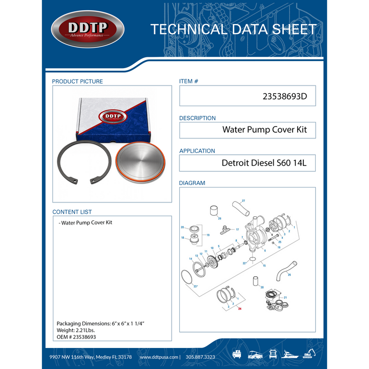 Kit de tapa de bomba de agua Detroit Diesel S60 14L (23538693)