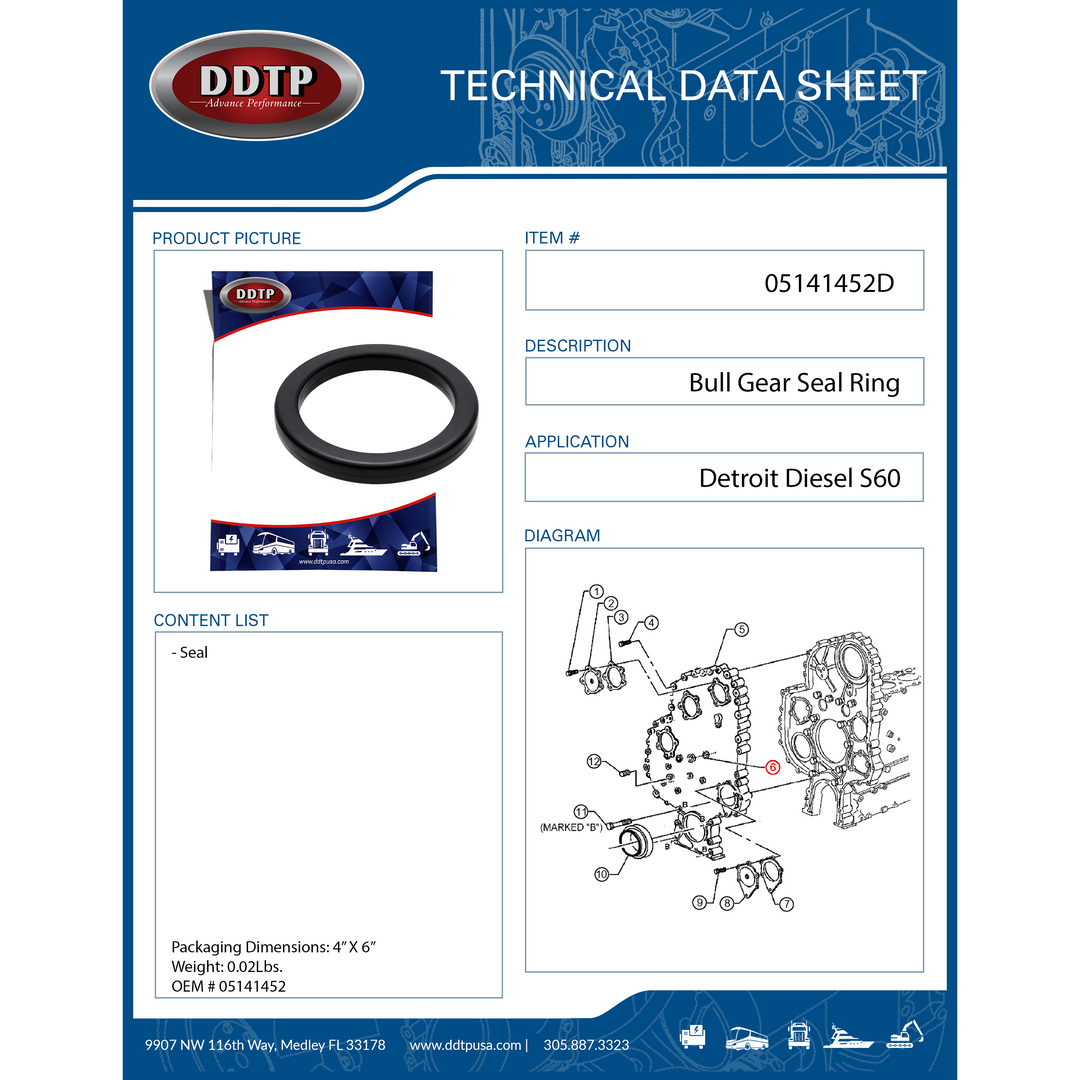 Anillo de sello del engranaje de toro Detroit Diesel S60 (05141452)