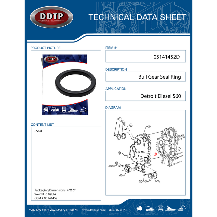 Anillo de sello del engranaje de toro Detroit Diesel S60 (05141452)